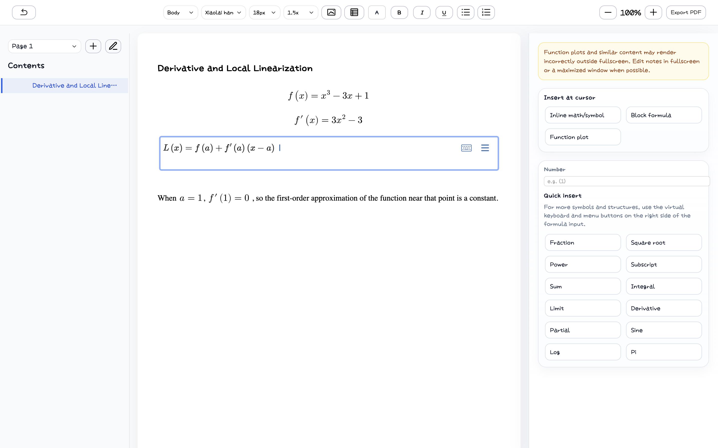 Formula editing inside a MathDraft page