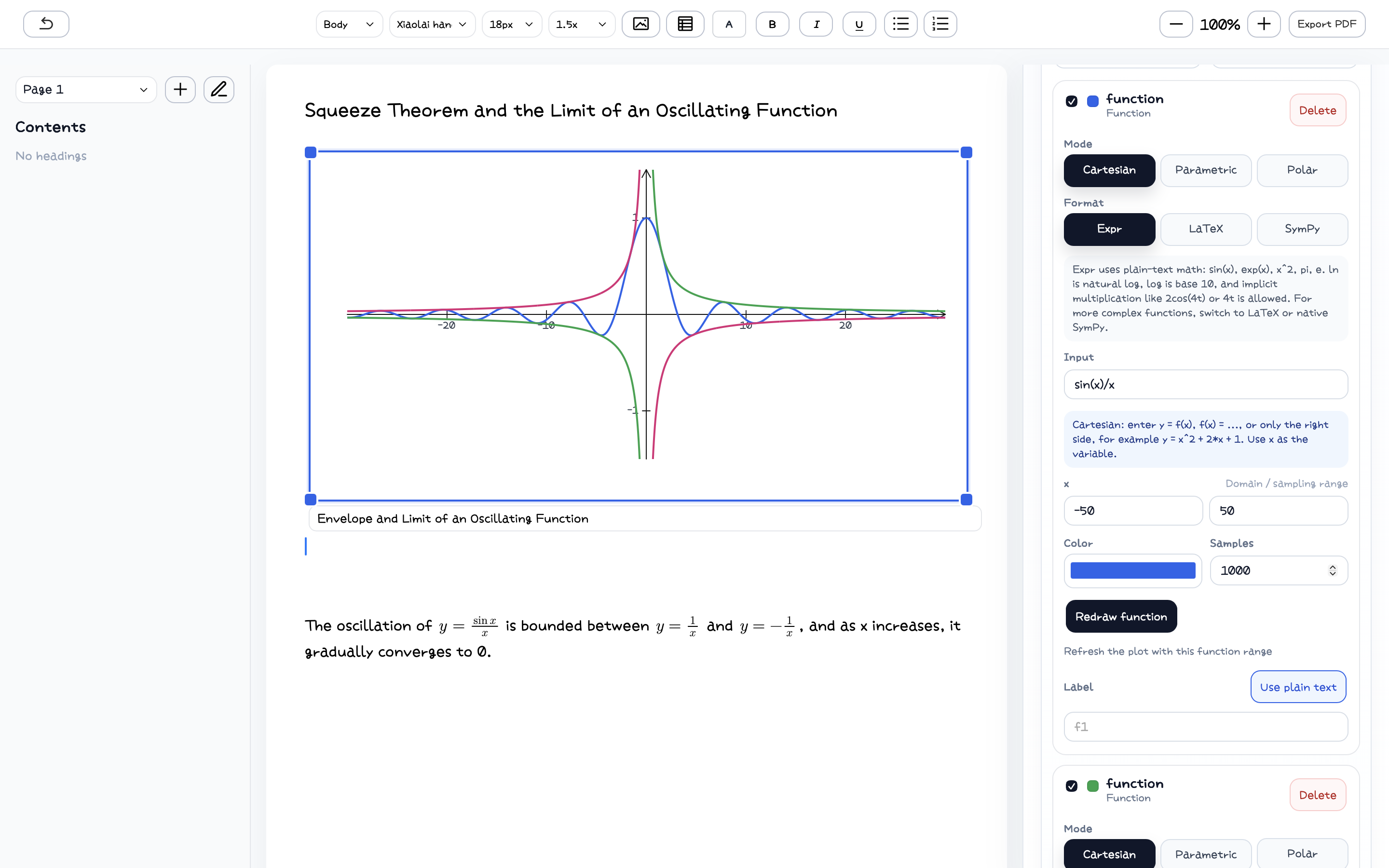 Function plot inside a MathDraft notebook